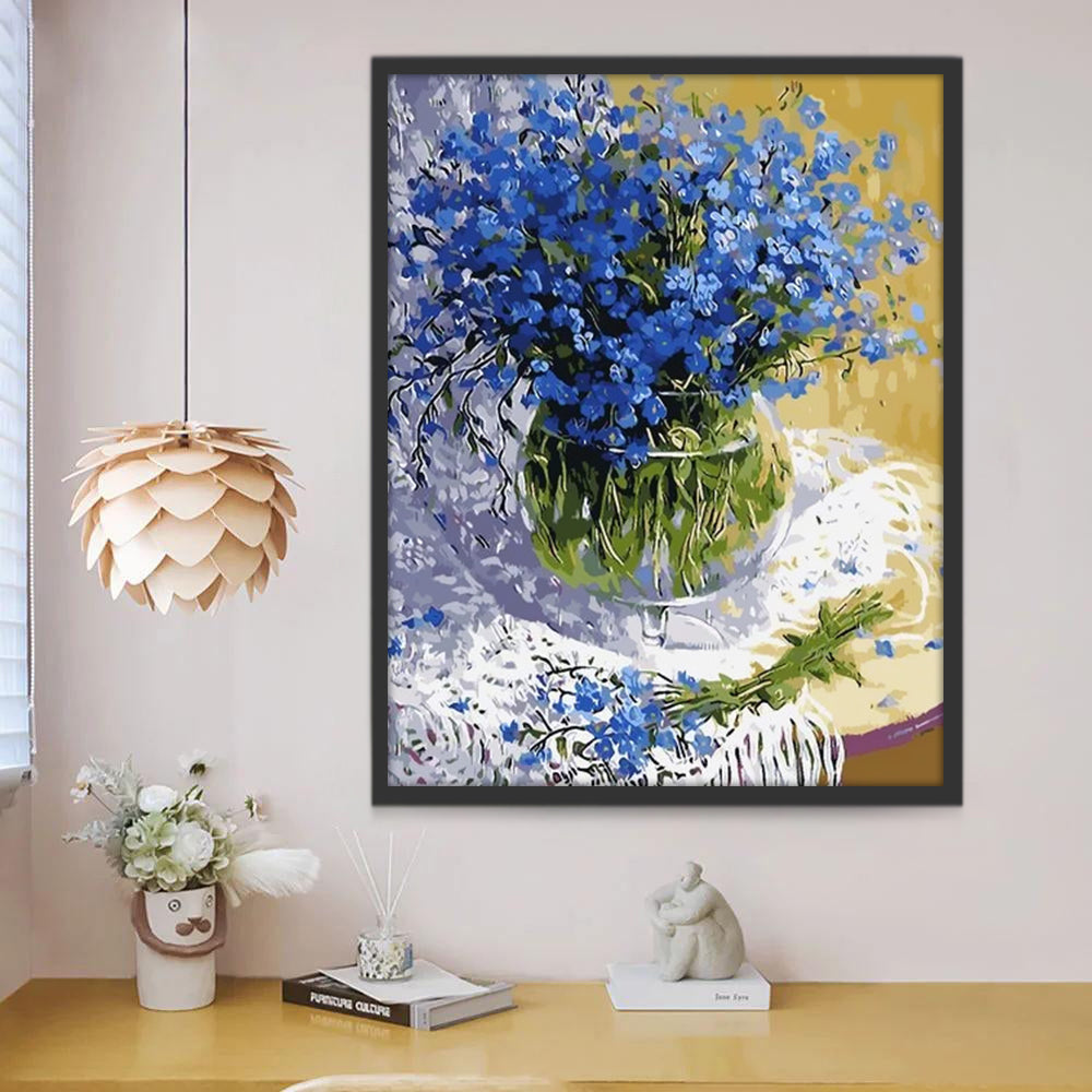Flores Azules Pequeñas en Florero de Cristal Pintar por Números
