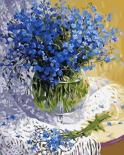Flores Azules Pequeñas en Florero de Cristal Pintar por Números