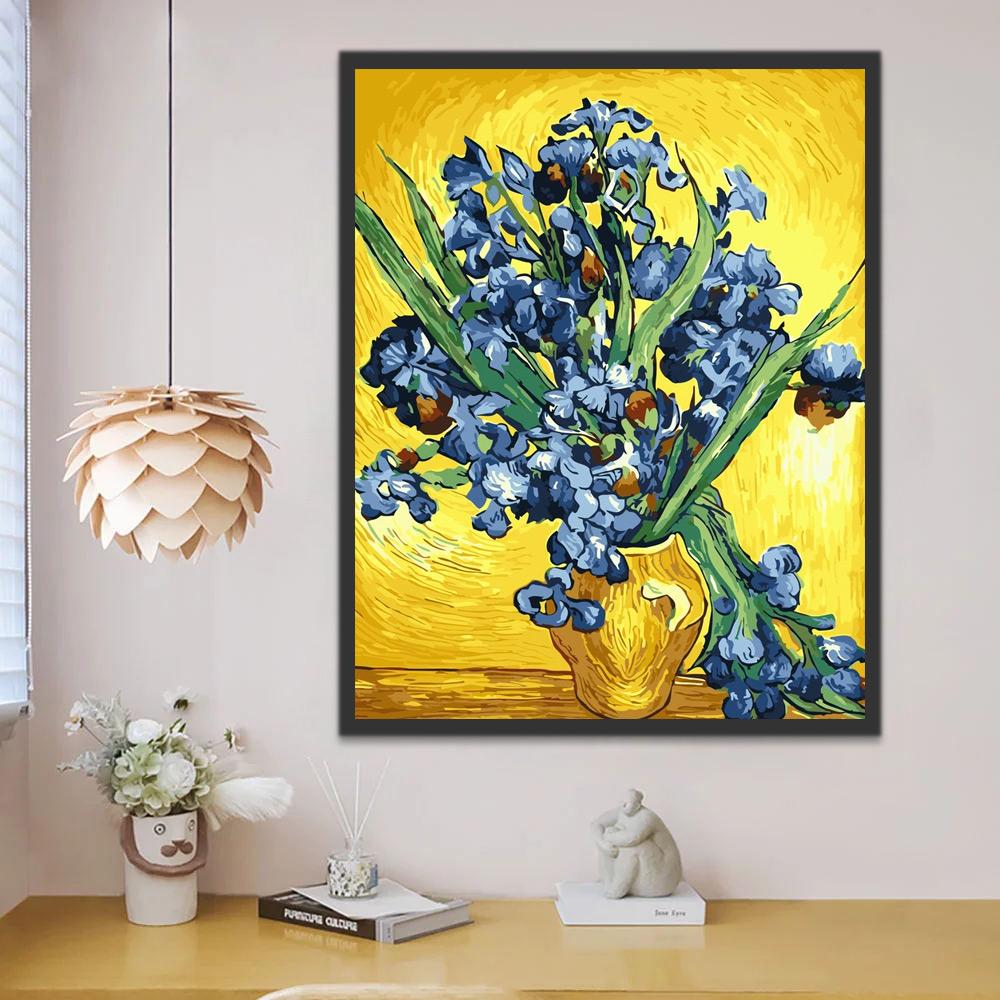 Flores Azules y Hojas Verdes en Florero Dorado Pintar por Números