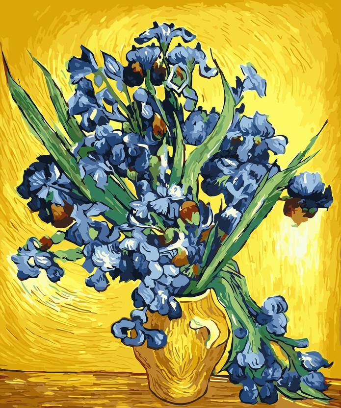 Flores Azules y Hojas Verdes en Florero Dorado Pintar por Números