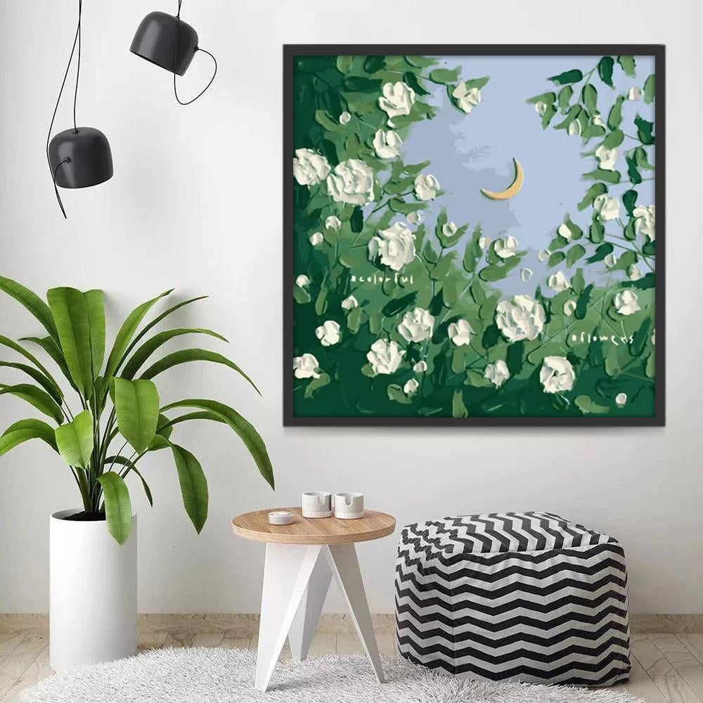 Flores Blancas con Hojas Verdes y la Luna Pintar por Números