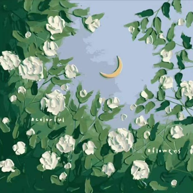 Flores Blancas con Hojas Verdes y la Luna Pintar por Números