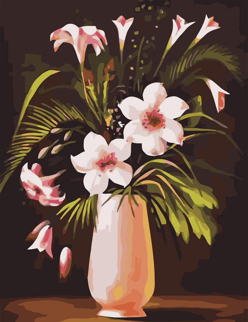 Flores Blancas en Florero Blanco con Fondo Oscuro Pintar por Números