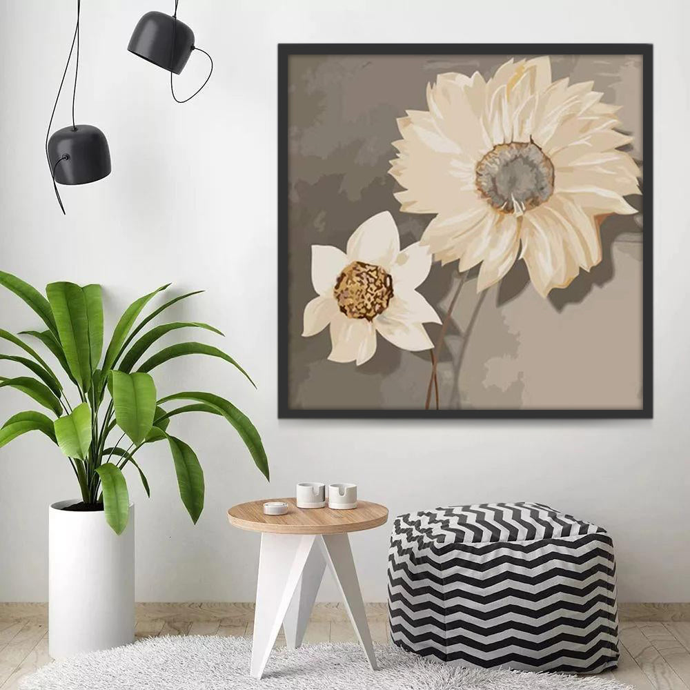 Flores Blancas Florecientes con el Fondo Gris Pintar por Números