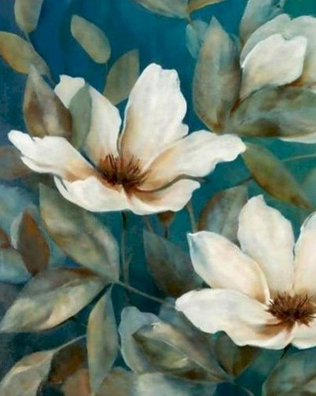 Flores Blancas y Hojas Verdes en el Fondo Azul Pintar por Números