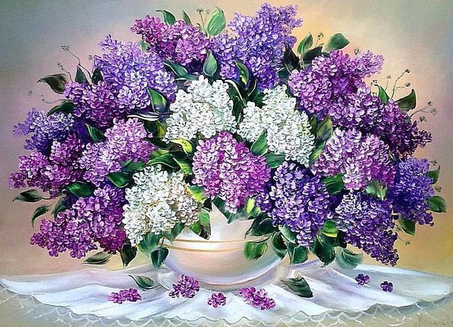 Flores Blancas y Moradas en Florero con Fondo Claro Pintar por Números
