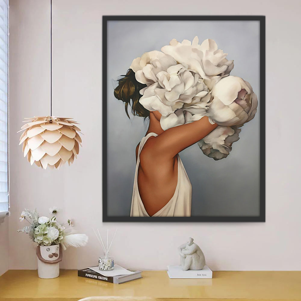 Flores Blancas y Mujer de Vestido Blanco Pintar por Números