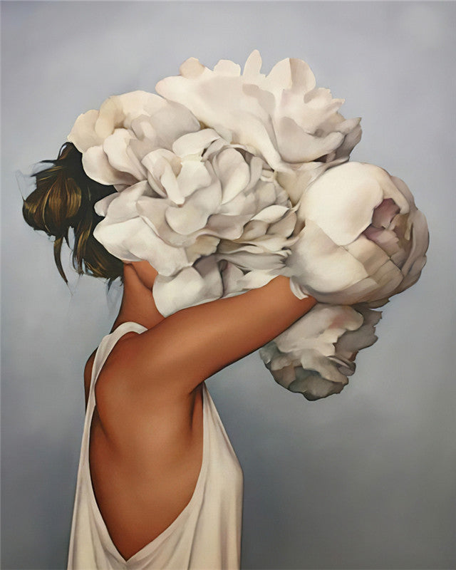 Flores Blancas y Mujer de Vestido Blanco Pintar por Números