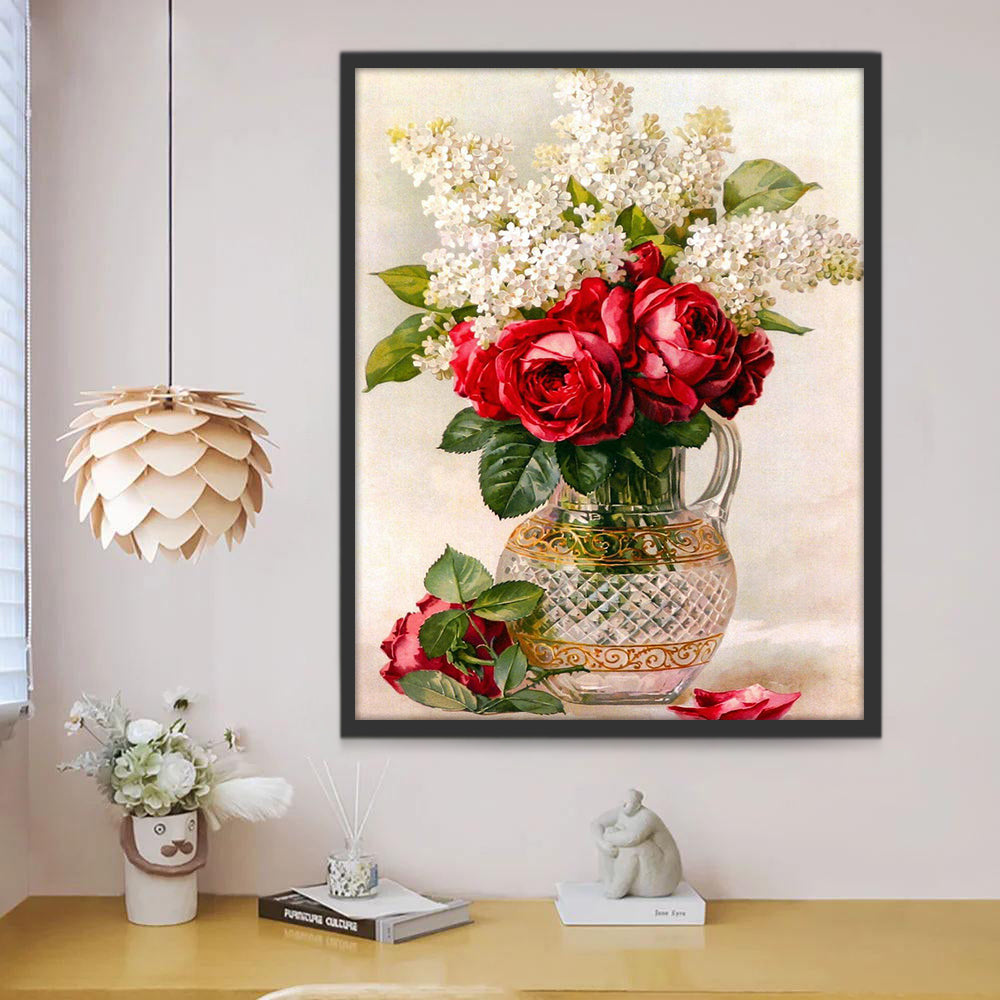 Flores Blancas y Rojas en Florero de Vidrio Pintar por Números