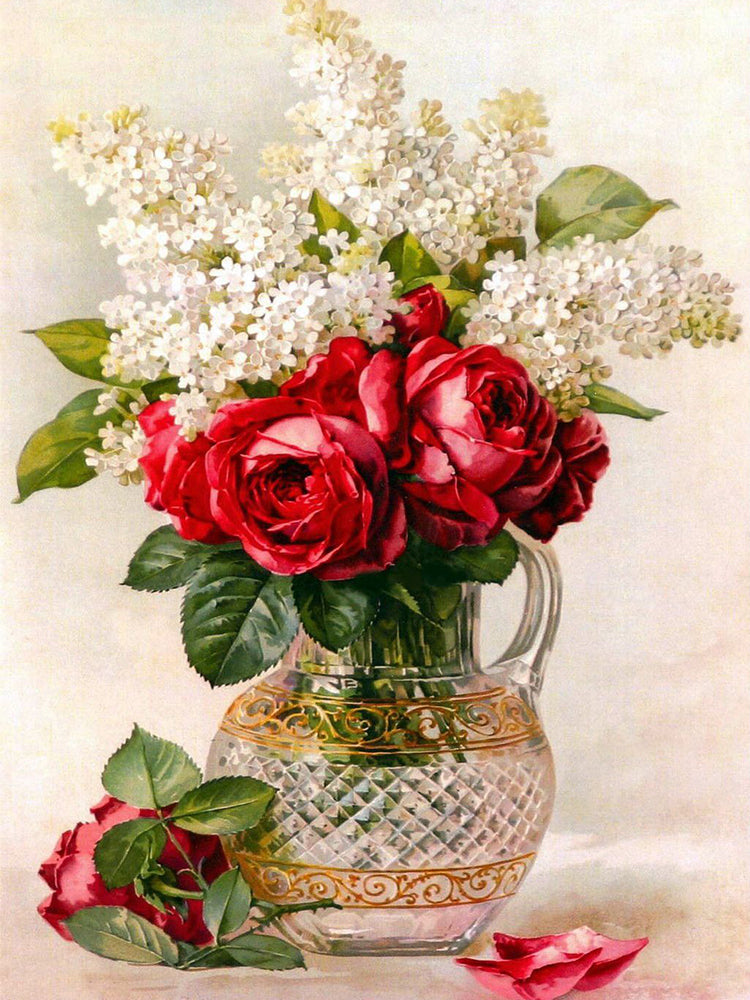 Flores Blancas y Rojas en Florero de Vidrio Pintar por Números