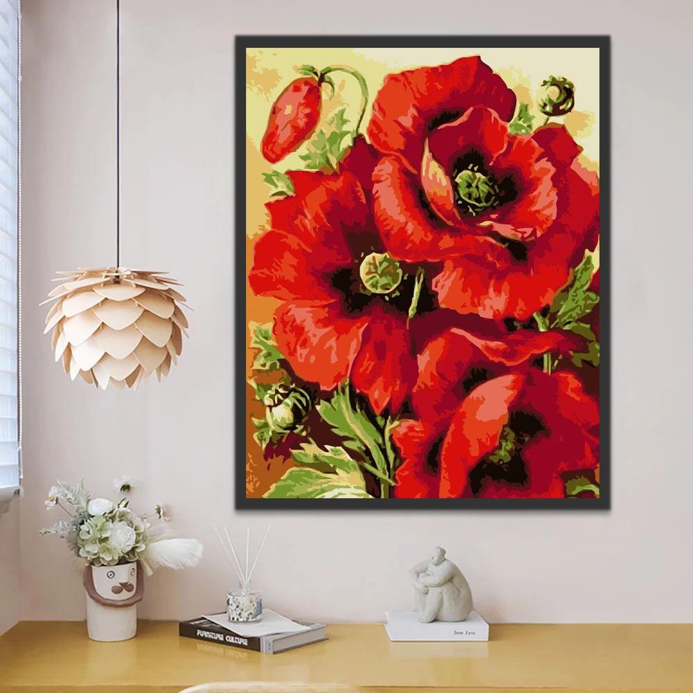 Flores Bonitas de Amapolas Rojas Brillantes Pintar por Números