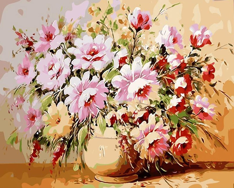 Flores Bonitas en Florero Redondo con Fondo Amarillo Pintar por Números