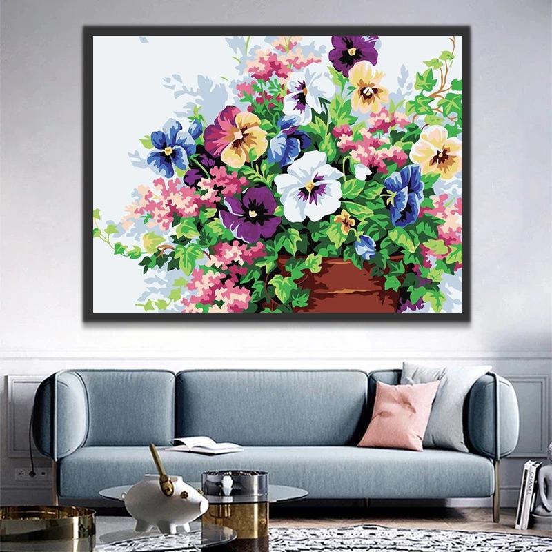 Flores Coloridas de Pensamiento con Hojas Verdes en Maceta Pintar por Números