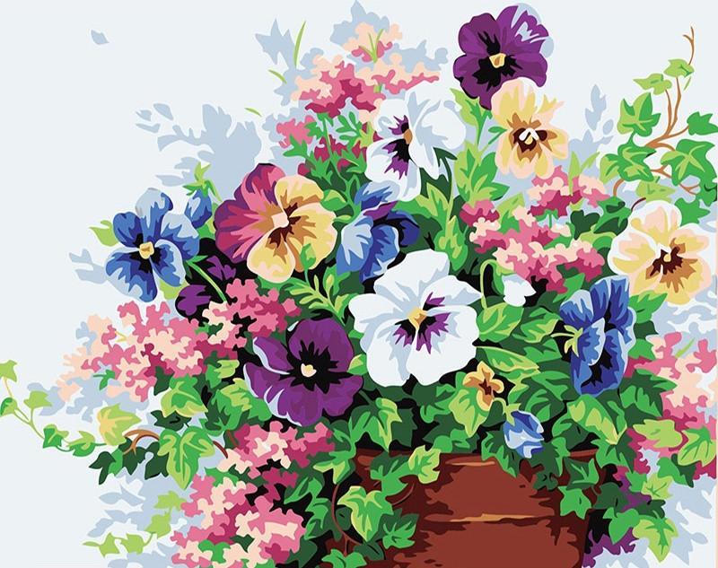 Flores Coloridas de Pensamiento con Hojas Verdes en Maceta Pintar por Números