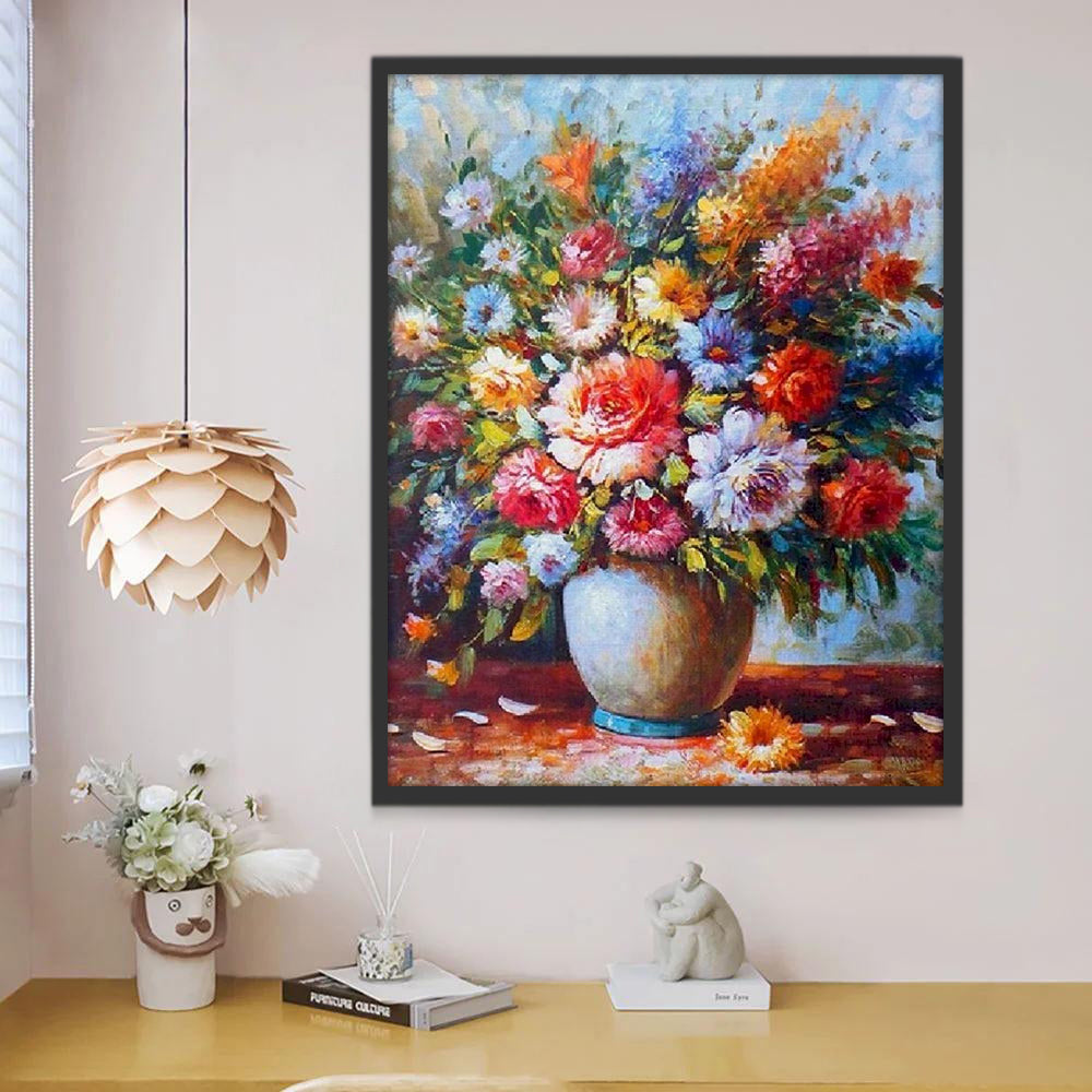 Flores Coloridas en Florero y Pétalos Caídos sobre Mesa Pintar por Números