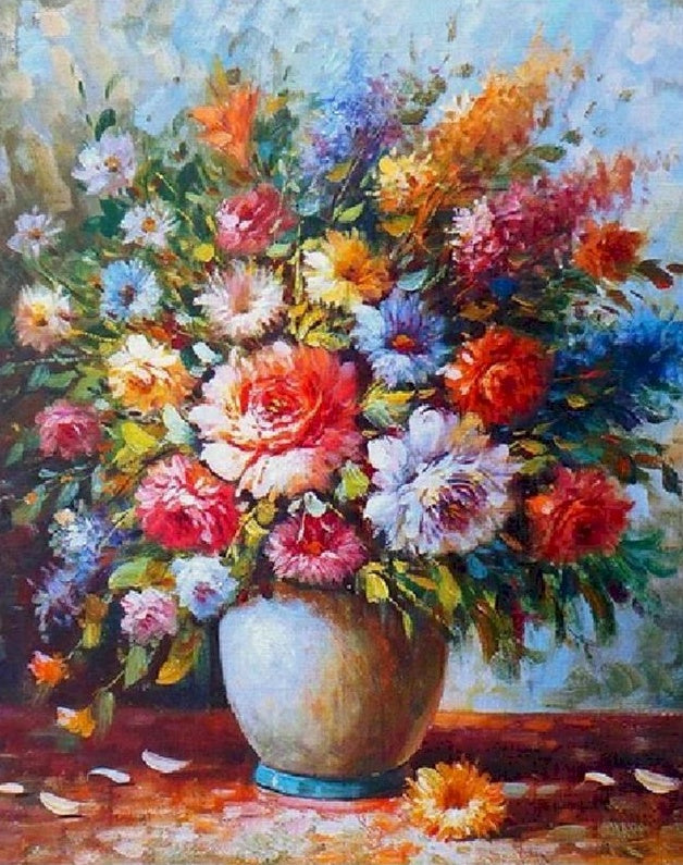 Flores Coloridas en Florero y Pétalos Caídos sobre Mesa Pintar por Números