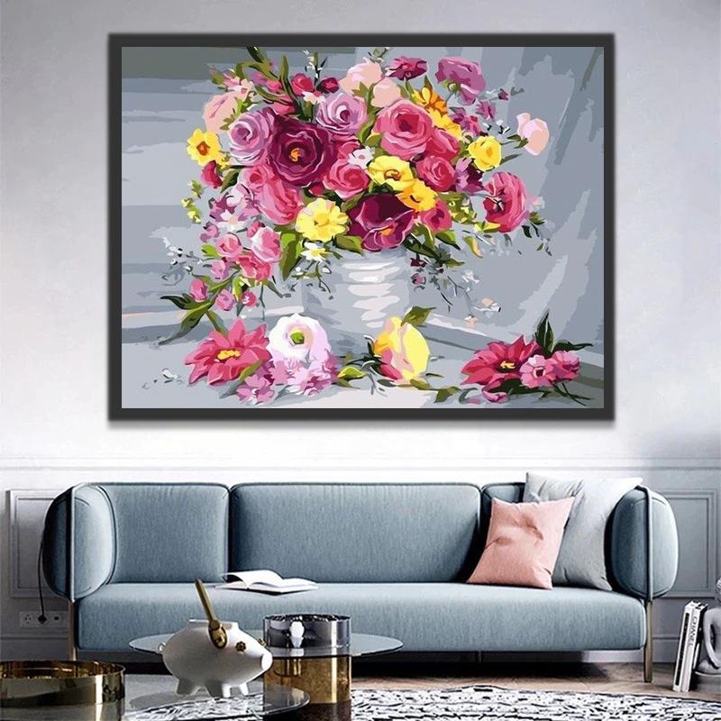 Flores Coloridas y Amapolas en Jarrón con Fondo Gris Pintar por Números