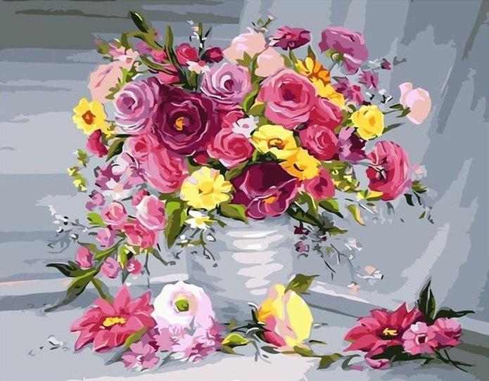 Flores Coloridas y Amapolas en Jarrón con Fondo Gris Pintar por Números