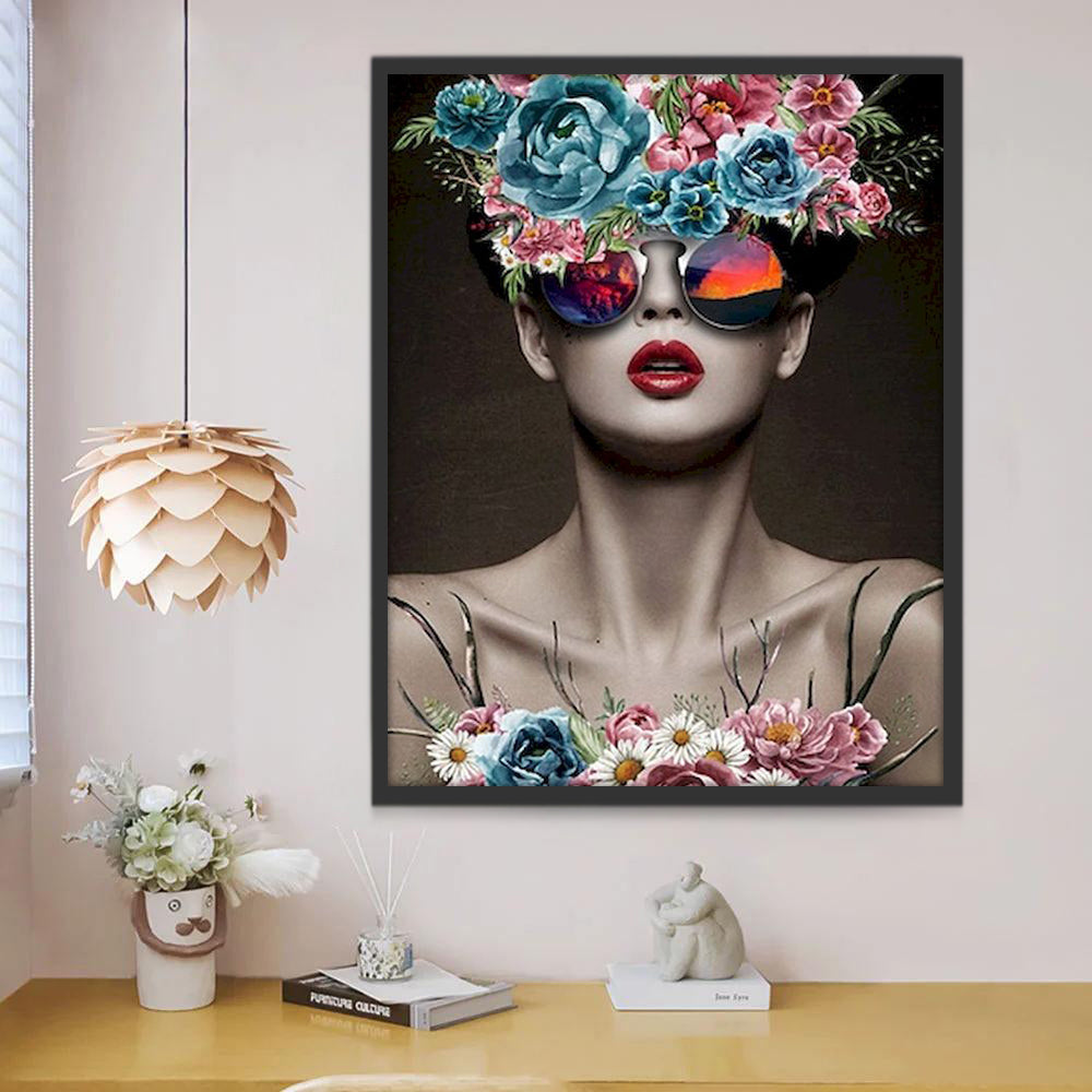 Flores Coloridas y Mujer de Labios Rojos Pintar por Números