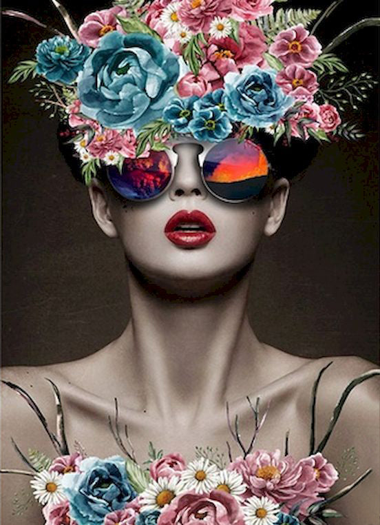 Flores Coloridas y Mujer de Labios Rojos Pintar por Números
