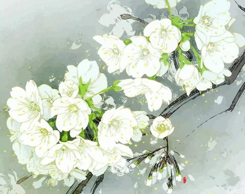 Flores con Pétalos Blancos y Sépalos Verdes Pintar por Números