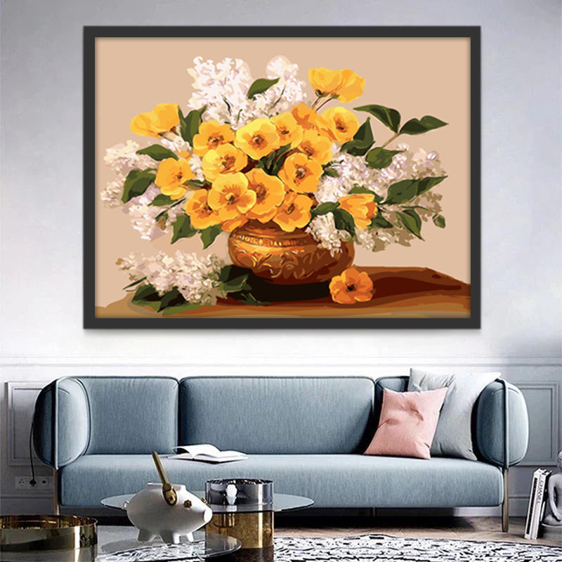 Flores de Color Amarillo y Blanco en Florero Dorado Pintar por Números