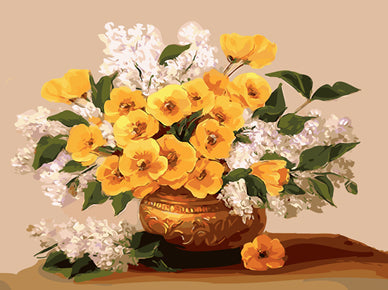 Flores de Color Amarillo y Blanco en Florero Dorado Pintar por Números