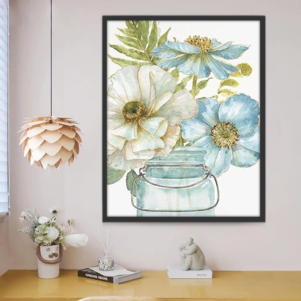 Flores de Color Azul y Blanco en Florero de Vidrio Pintar por Números