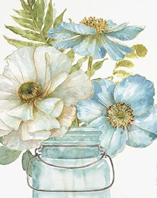 Flores de Color Azul y Blanco en Florero de Vidrio Pintar por Números