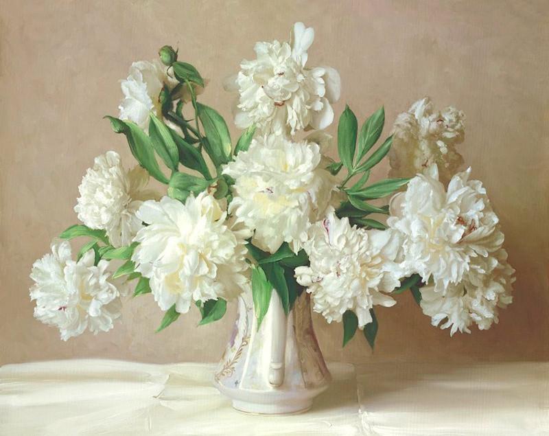 Flores de Color Blanco en Florero con Fondo Claro Pintar por Números