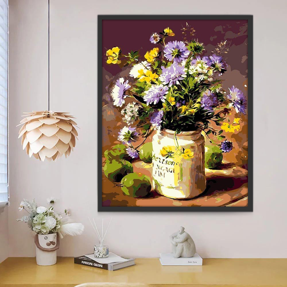 Flores de Color Morado y Amarillo en Botella Pintar por Números