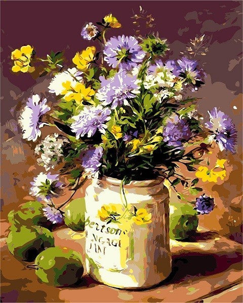 Flores de Color Morado y Amarillo en Botella Pintar por Números