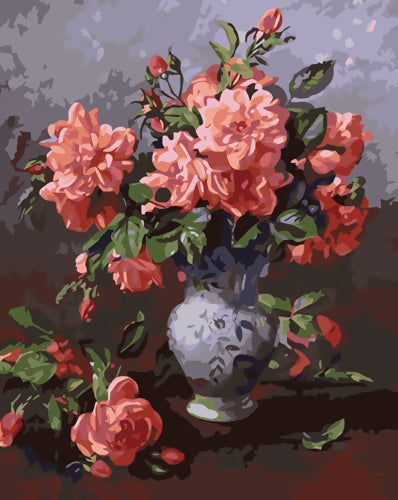 Flores de Color Rojo Claro con Hojas Verdes en Jarrón Gris Pintar por Números