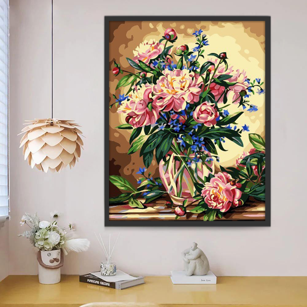 Flores de Color Rosado y Azul en Jarrón de Cristal Pintar por Números