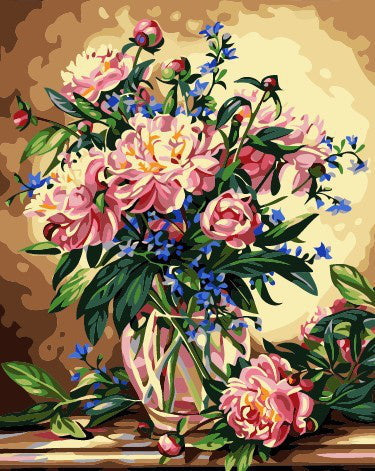 Flores de Color Rosado y Azul en Jarrón de Cristal Pintar por Números