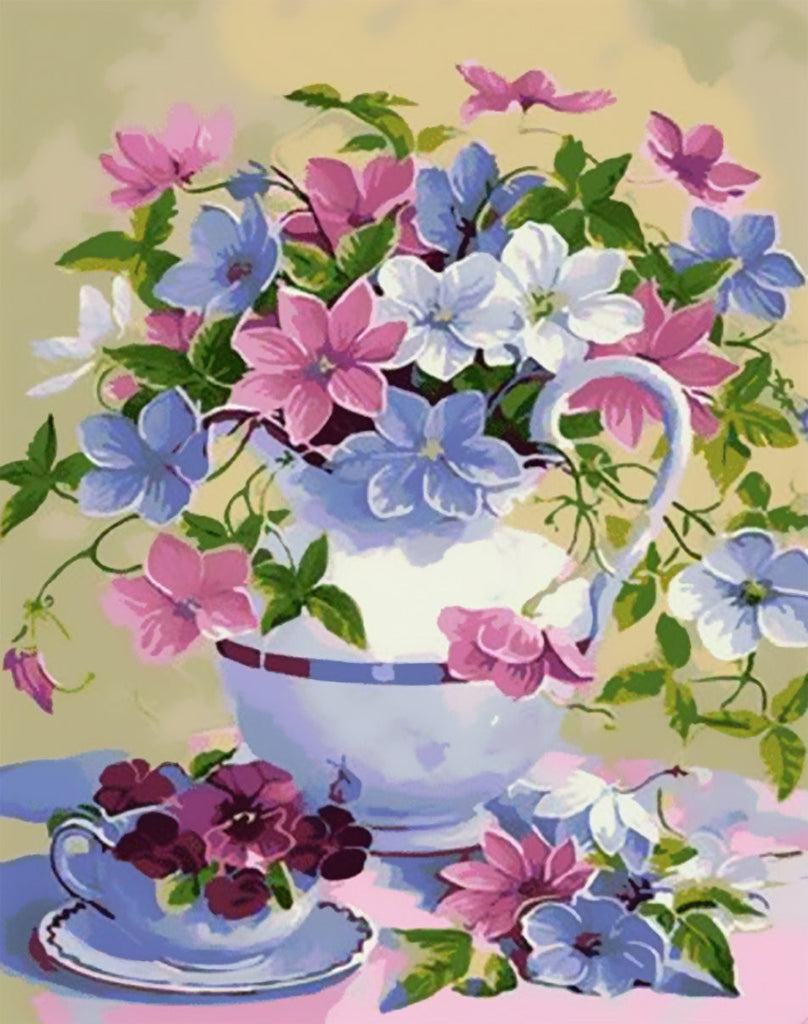 Flores de Colores Diferentes en Florero y Taza Pintar por Números