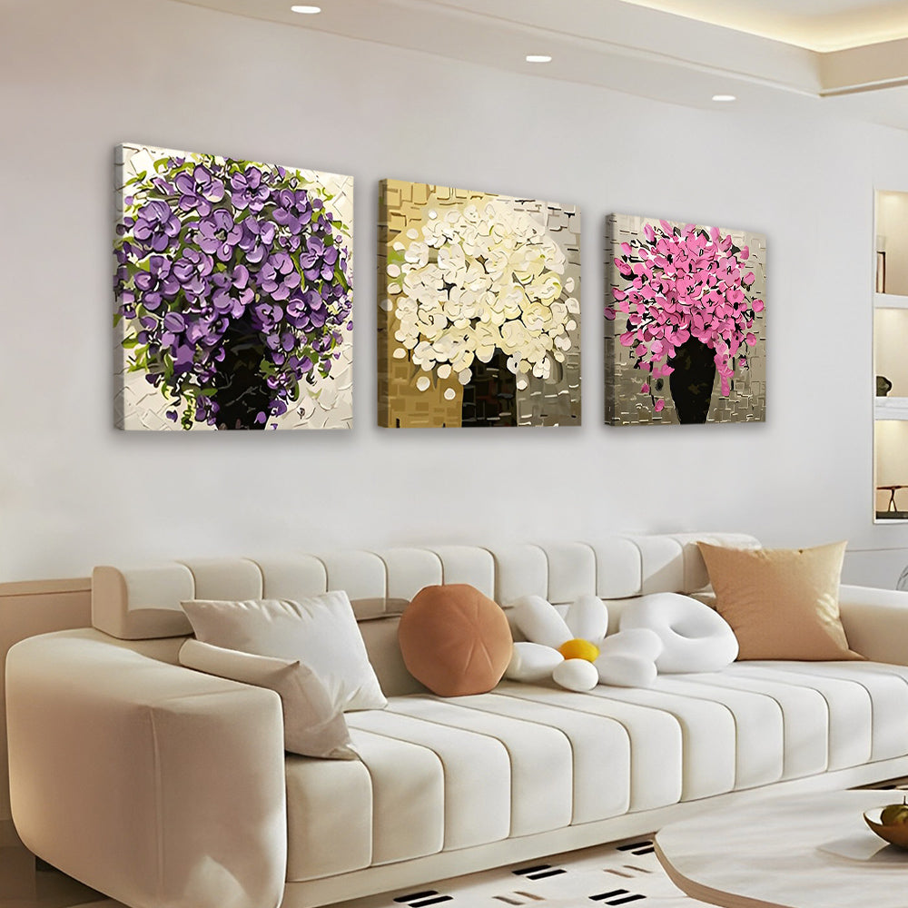 Flores de Colores Diferentes en Floreros Negros 3 Partes Pintar por Números