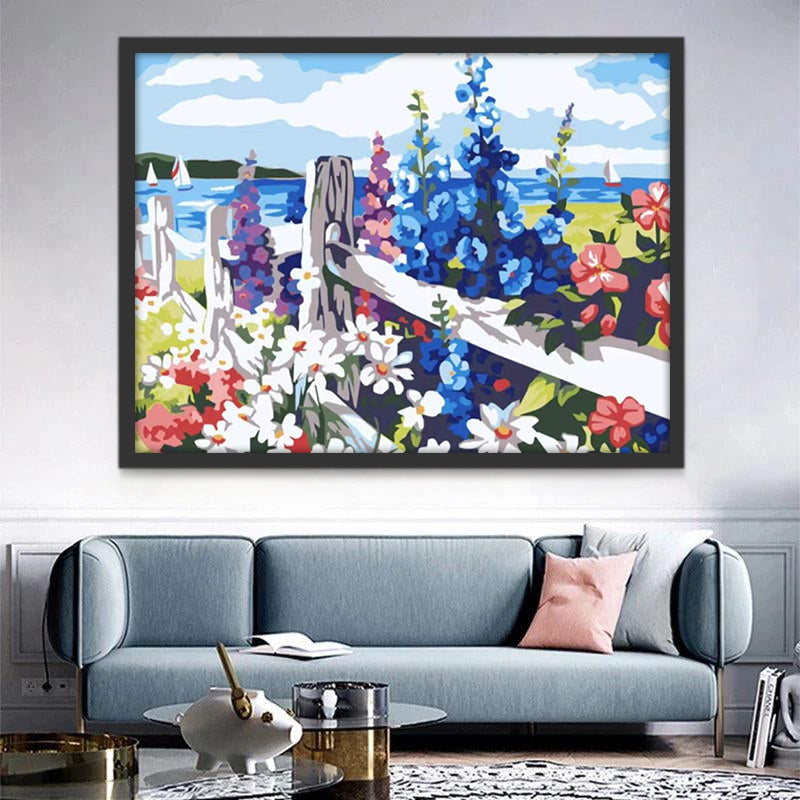 Flores de Colores Diferentes sobre la Cerca Blanca Pintar por Números