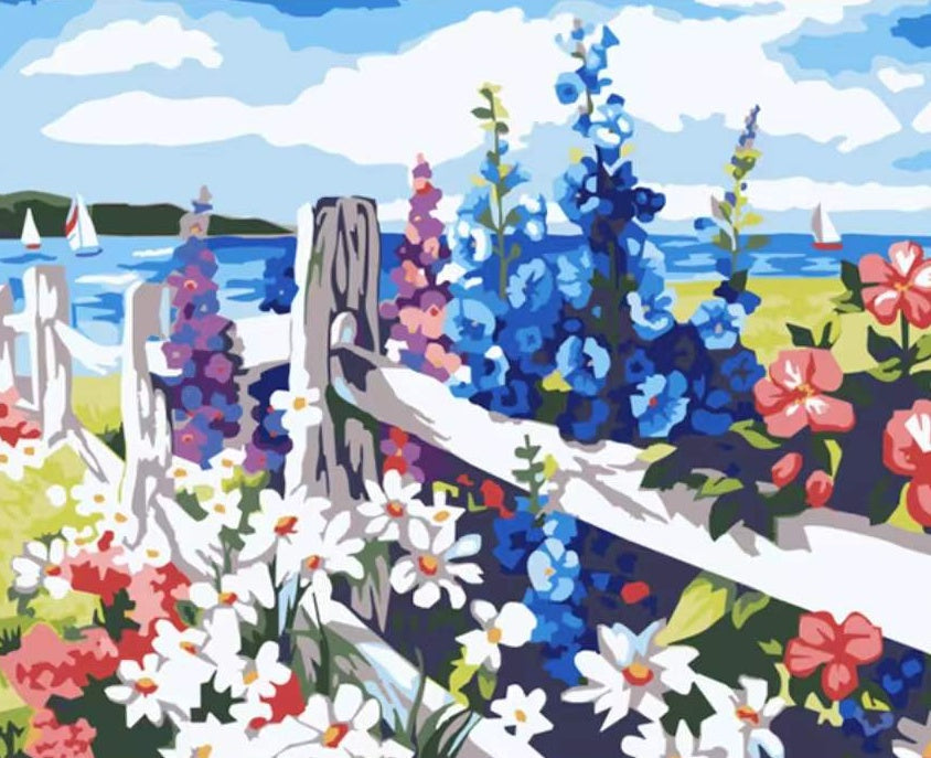 Flores de Colores Diferentes sobre la Cerca Blanca Pintar por Números