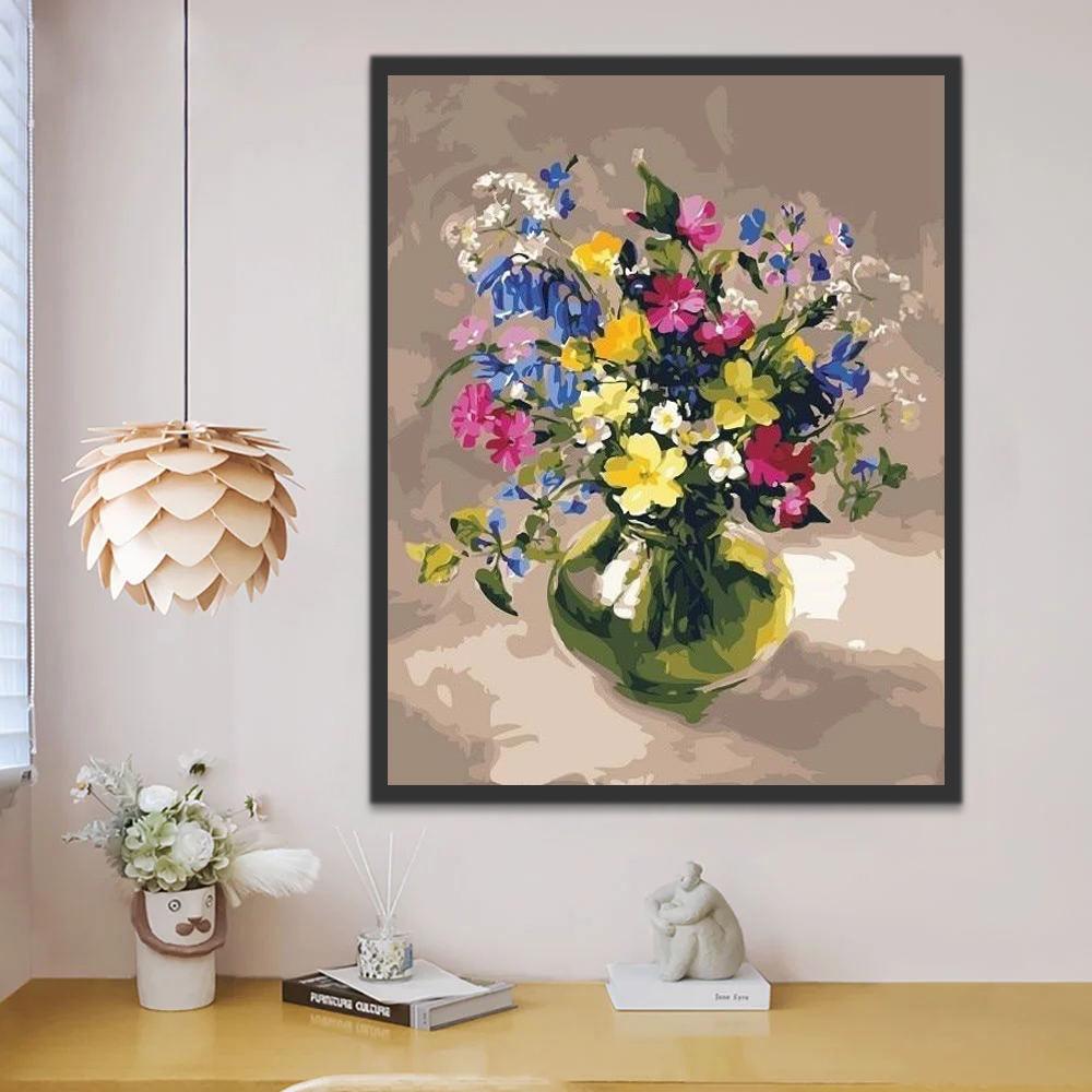 Flores de Colores Diversos en Florero Verde Pintar por Números
