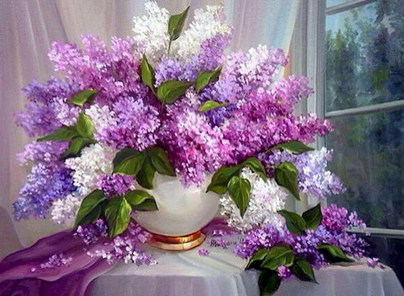 Flores de Glicina en Florero Blanco Junto a la Ventana Pintar por Números