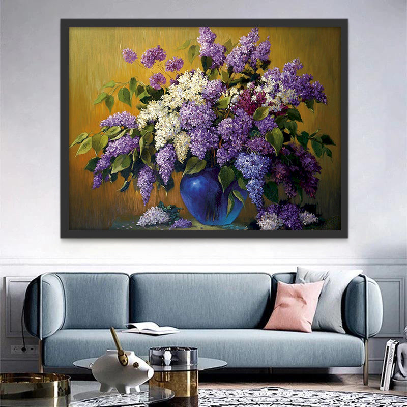 Flores de Glicina Morada en Florero Azul Pintar por Números