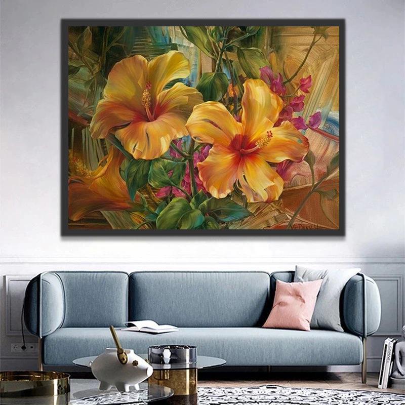 Flores de Hibisco Amarillo Floreciente Pintadas al Óleo Pintar por Números