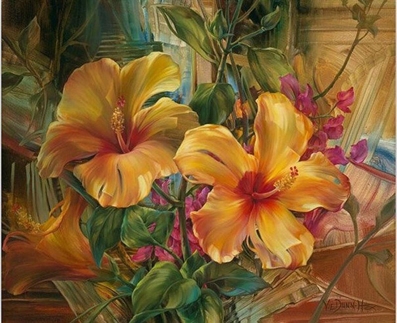 Flores de Hibisco Amarillo Floreciente Pintadas al Óleo Pintar por Números