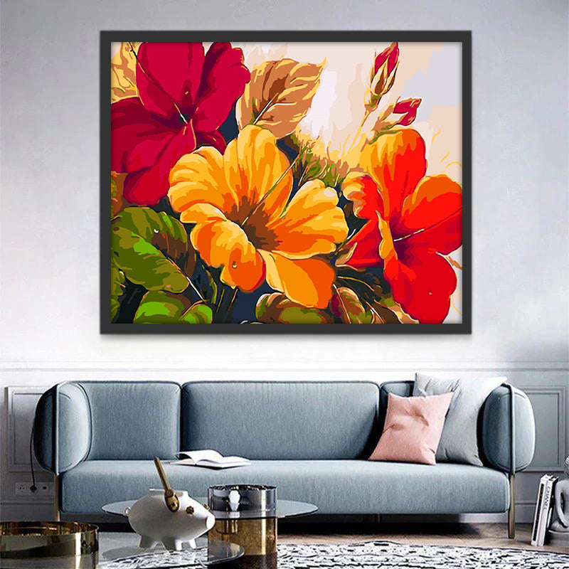 Flores de Hibiscos con Hojas Verdes y Capullos Rojos Pintar por Números