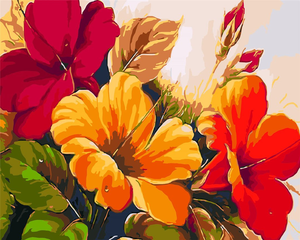 Flores de Hibiscos con Hojas Verdes y Capullos Rojos Pintar por Números