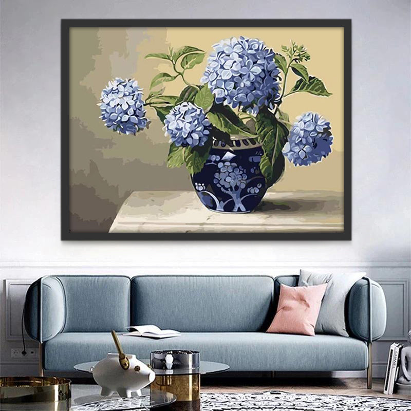 Flores de Hortensia Azul en Florero de Color Azul Oscuro Pintar por Números