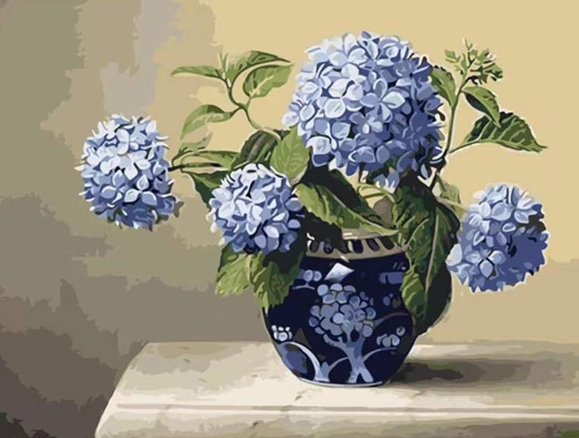 Flores de Hortensia Azul en Florero de Color Azul Oscuro Pintar por Números