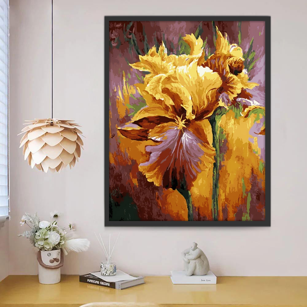 Flores de Iris Amarillo Pintadas al Óleo con Fondo Colorido Pintar por Números