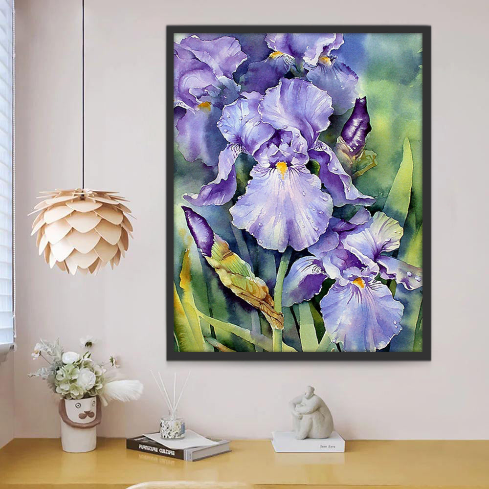 Flores de Iris Morado con Gotas de Agua y Hojas Verdes Pintar por Números